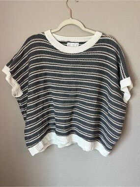 NWT Knit Mix L Gray Cream Striped Open Knit Oversized Boxy Sweater Poncho